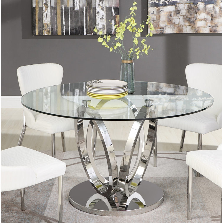 Orren Ellis Wilder Round Glass Top Metal Base Dining Table & Reviews